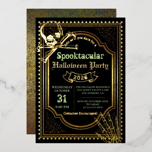 ホイ実在ルゴシックブラック金ゴールドスカルハローウィンパーティ 箔招待状 (正面/裏面)