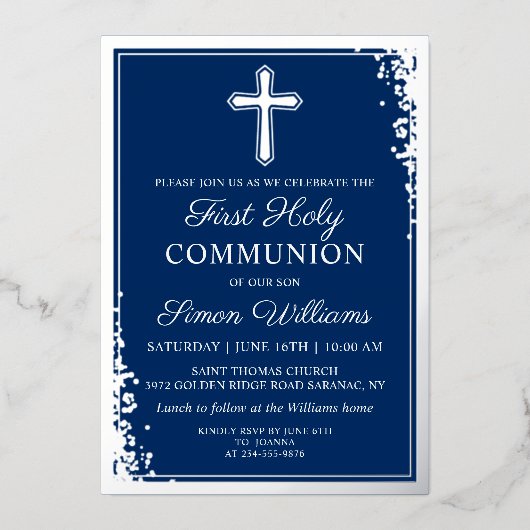 ホイ実在ルシルバーグリッターネイビーブルーファースト聖餐式 箔招待状 (正面)