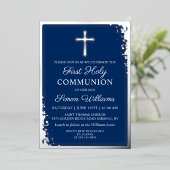 ホイ実在ルシルバーグリッターネイビーブルーファースト聖餐式 箔招待状 (立ち正面)