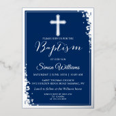 ホイ実在ルシルバーグリッターネイビーブルーボーイバプテスマ 箔招待状 (正面)