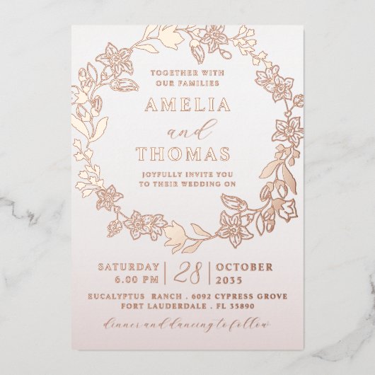 ホイ実在ルバラ金ゴールドフローラリース結婚の 箔招待状 (正面)