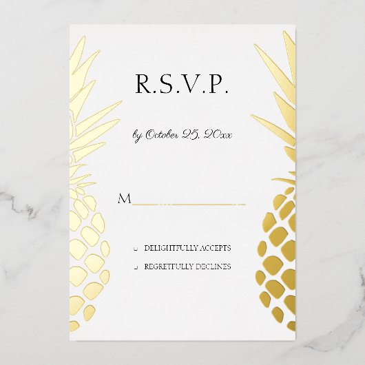 ホイ実在ルパイナップル結婚式RSVP 箔招待状 (正面)