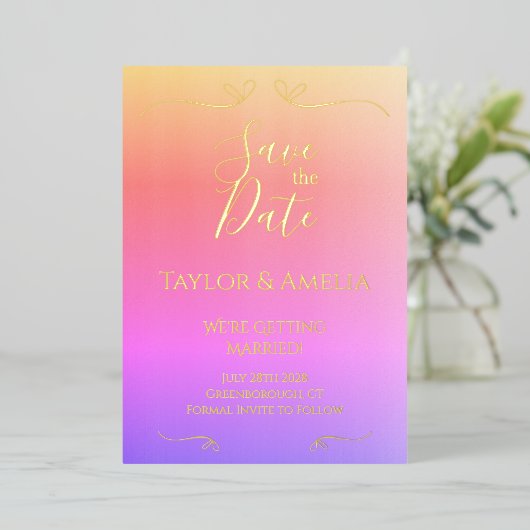 ホイ実在ルピンクウェッグラデーションディング日付招待状を保存 箔招待状 (立ち正面)