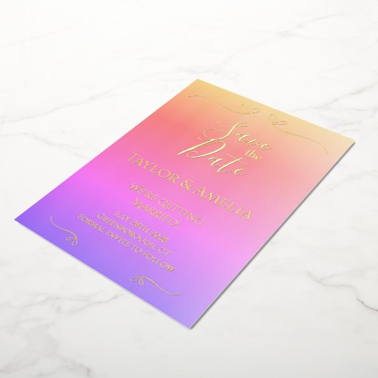 ホイ実在ルピンクウェッグラデーションディング日付招待状を保存 箔招待状 (回転した状態)