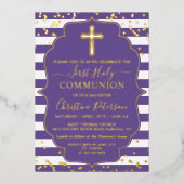 ホイ実在ル写真金ゴールドパープルストライプ第1聖体 箔招待状 (正面)