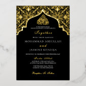 ホイ実在ル金ゴールドブラックMasjidムスリム結婚の言葉 箔招待状 (正面)