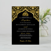 ホイ実在ル金ゴールドブラックMasjidムスリム結婚の言葉 箔招待状 (立ち正面)