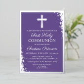 ホイ実在ル銀ラベンダーパープルファースト・コミュニオン 箔招待状 (立ち正面)