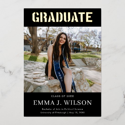 ホイ実在ル2フォトブラック卒業発表 箔招待状 (正面)