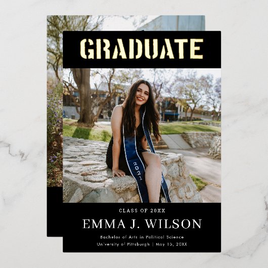 ホイ実在ル2フォトブラック卒業発表 箔招待状 (正面/裏面)