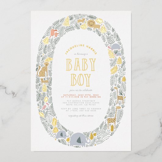 ホイ実在ル |かわいいジャングルサファリボーイ赤ちゃんシャワー 箔招待状 (正面)