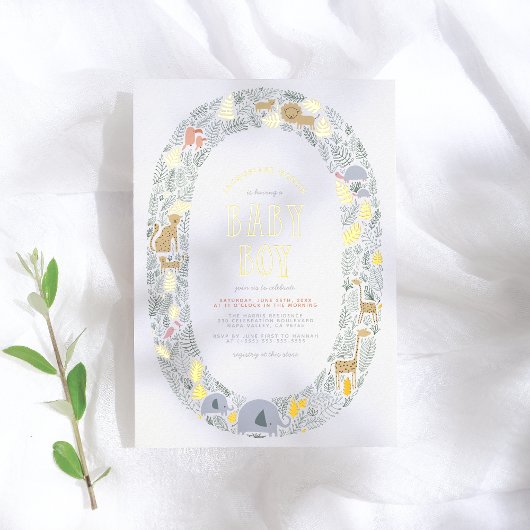 ホイ実在ル |かわいいジャングルサファリボーイ赤ちゃんシャワー 箔招待状