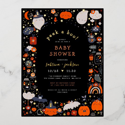 ホイ実在ル |かわいいハロウィーンの赤ちゃんシャワー 箔招待状ポストカード (正面)
