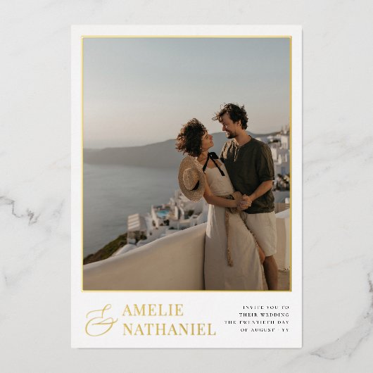 ホイ実在ル | エレガント2枚の婚約結婚写真 箔招待状 (正面)