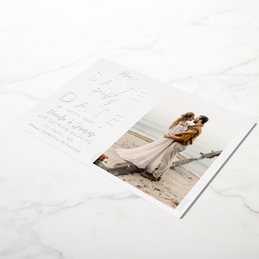 ホイ実在ル・シルバー日付写真婚約を保存 箔招待状 (回転した状態)