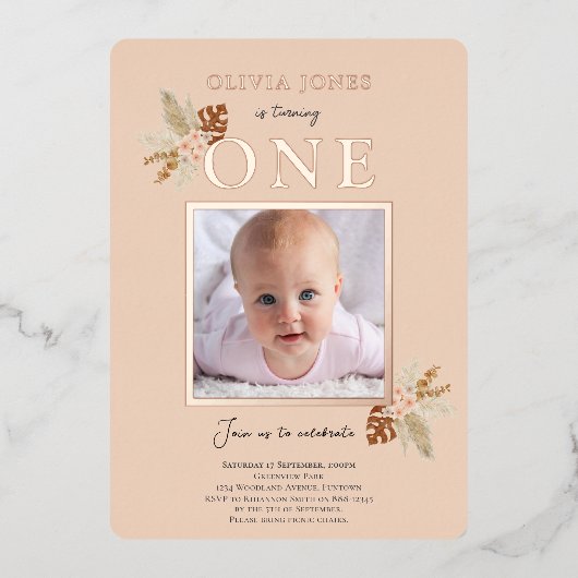 ホイ実在ル、フローラの最初の誕生日の招待状で桃 箔招待状 (正面)