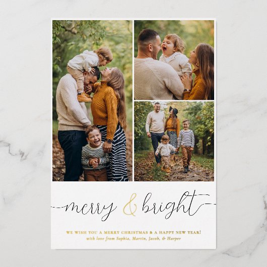 ホイ実在ル |メリー & Bright 3フォトクリスマス 箔シーズンカード (正面)