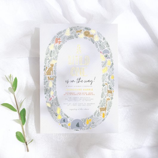 ホイ実在ル | A Wild One Safari Animals Baby Shower 箔招待状