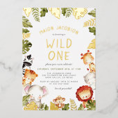 ホイ実在ル | Wild One Safari Boy誕生日パーティー 箔招待状 (正面)