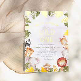 ホイ実在ル | Wild One Safari Boy誕生日パーティー 箔招待状