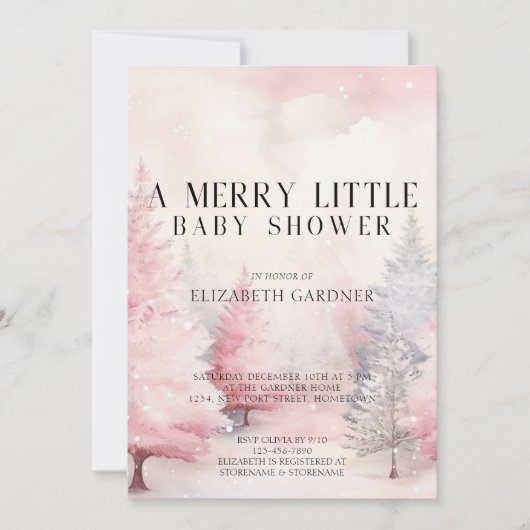 ホウィシクルピンクの冬の木の水色ベビーシャワー 招待状 (正面)
