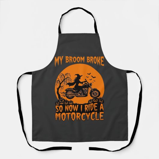 ホウキが壊れたハロウィン魔女バイクコウモリカボチャ エプロン (正面)