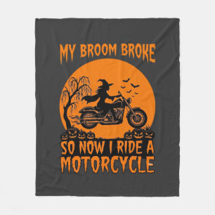 ホウキが壊れたハロウィン魔女バイクコウモリカボチャ フリースブランケット