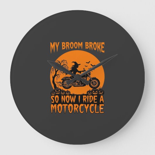 ホウキが壊れたハロウィン魔女バイクコウモリカボチャ ラージ壁時計 (正面)