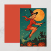 ホウキにまたがるキュートなヴィンテージ・ハロウィン魔女 (正面/裏面)