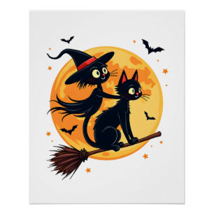 ホウキに乗った魔女猫 � ハロウィンの夜 ベクター ポスター