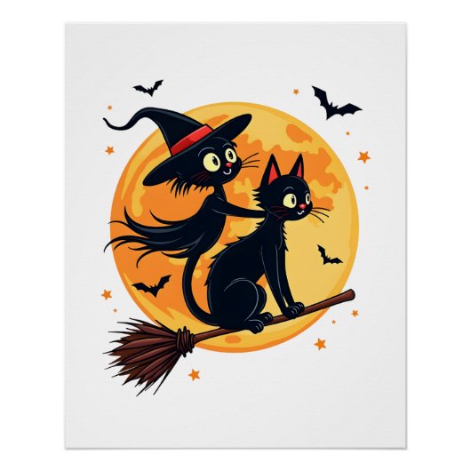 ホウキに乗った魔女猫 � ハロウィンの夜 ベクター ポスター (正面)