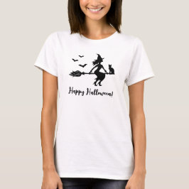 ホウキに乗って飛ぶ魔女 ハッピーハロウィン テキスト Tシャツ