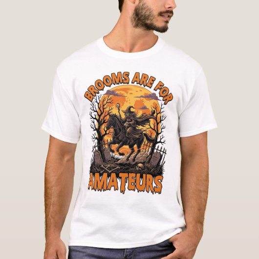 ホウキはアマチュア ハロウィン 魔女 馬 月 グラ Tシャツ (正面)