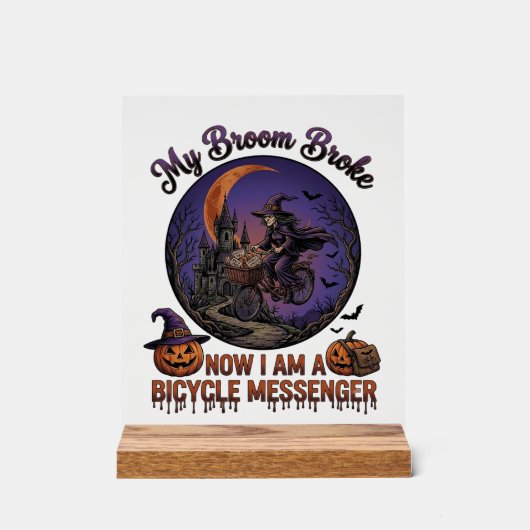 ホウキを壊した自転車のメッセンジャーの魔女 ハロウィン 月 アクリルサイン (正面)