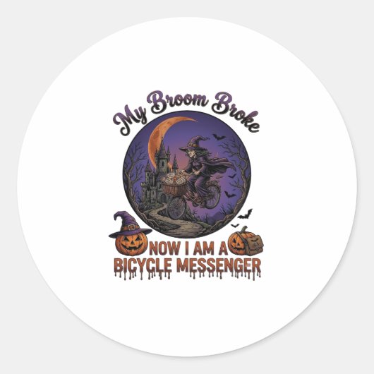 ホウキを壊した自転車のメッセンジャーの魔女 ハロウィン 月 ラウンドシール (正面)