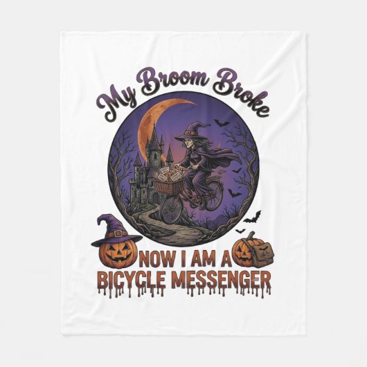 ホウキを折った自転車の配達人魔女 ハロウィン 月 フリースブランケット (正面)