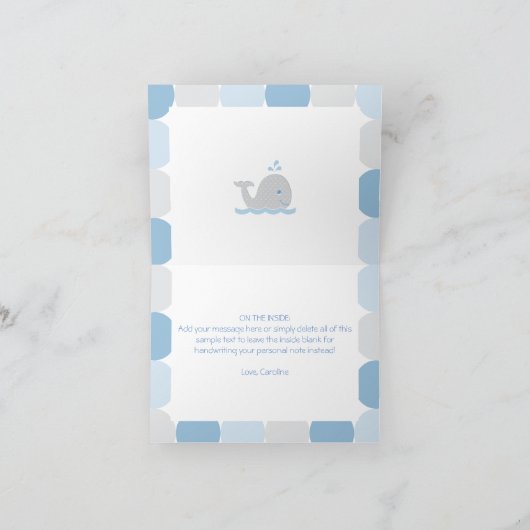 ホエーモダンル男の赤ちゃんシャワーブルー&グレー感謝していドY サンキューカード (内部)