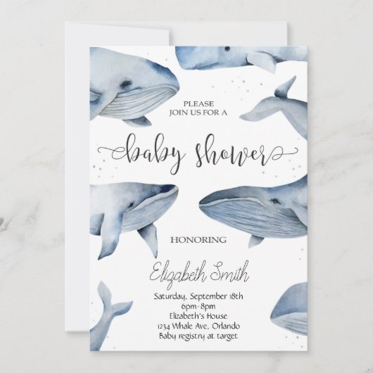 ホエールウォーター色ベビーシャワー招待状 招待状 (正面)