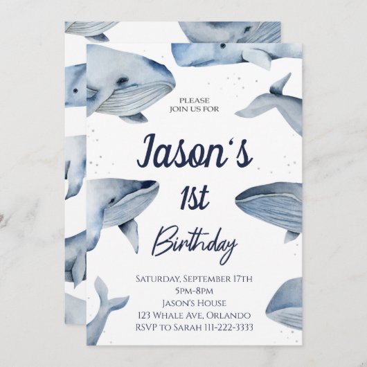 ホエールウォーター色誕生日招待状 招待状 (正面/裏面)