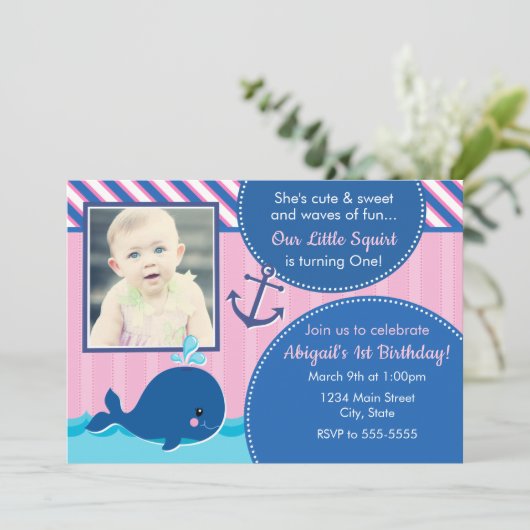 ホエールガール誕生日招待状5x7 1日 招待状 (スタンド正面)