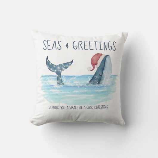 ホエールサンタ海の水彩沿岸クリスマス クッション (正面)