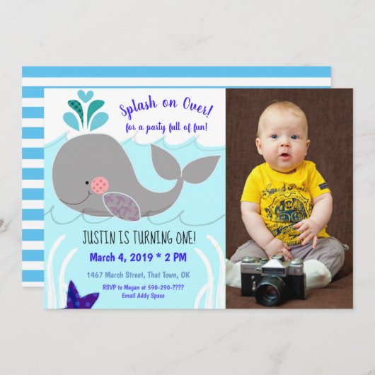 ホエールスプラッシュオンファースト誕生日招待状 招待状 (正面/裏面)