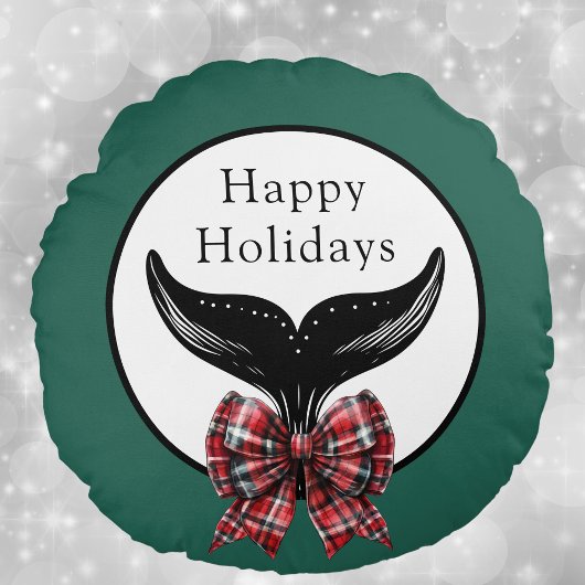 ホエールテール&プレイドボウ白黒クリスマス ラウンドクッション