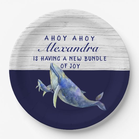 ホエールネイビーブルー航海のボーイ赤ちゃんシャワー ペーパープレート (正面)