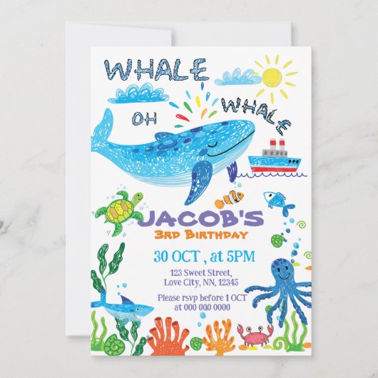 ホエールハンドドロー誕生日招待状 招待状 (正面)