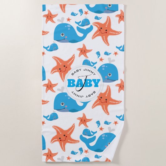 ホエールヒトデベビーモノグラム ビーチタオル (正面)