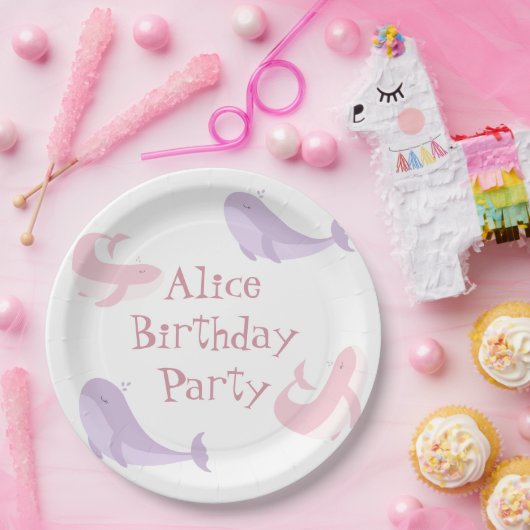 ホエールピンク薄紫パステル海フィッシュバースデーパーティー ペーパープレート (パーティー)