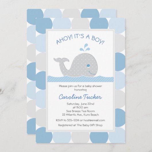 ホエールブルーグレー男の赤ちゃんシャワー 招待状 (正面/裏面)