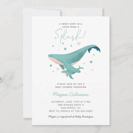 ホエールベイビーシャワーブルー航海の 招待状 (正面)