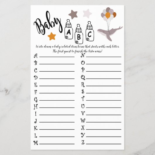 ホエールベイビーシャワー美しいドリームゲームベビーABC チラシ (正面)